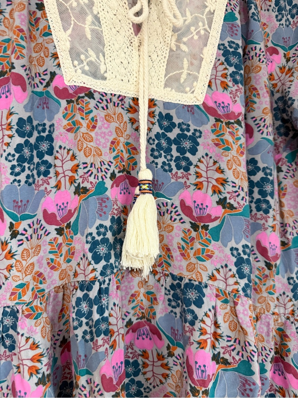Matilda Jane Floral Boho Peplum Lace Trim Tie Neck Blouse Top Size L - Picture 5 of 7